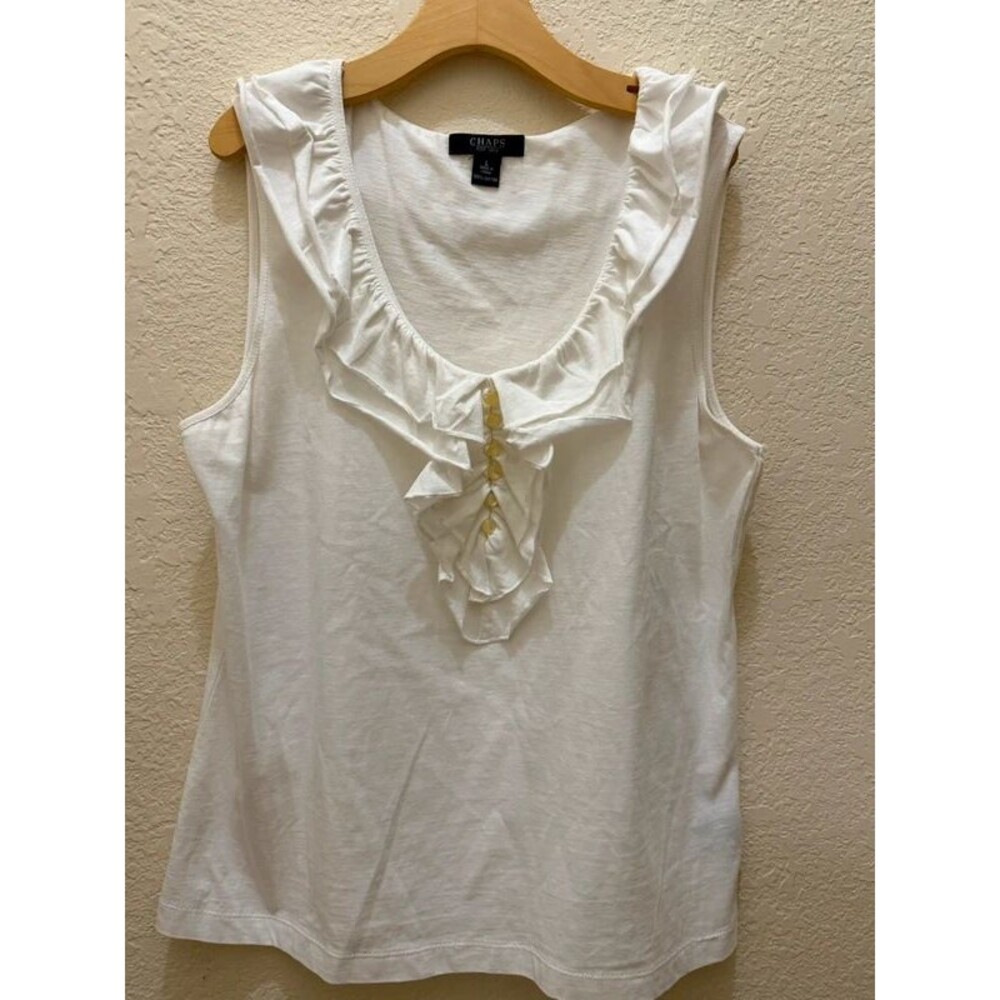 Chaps Cottagecore White Ruffle Placket Sleeveless Blouse Romantic Summer Knit